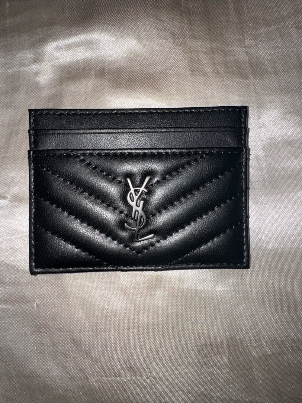 Saint Laurent Black Chevron Quilted Leather Card Holder with Silver YSL Logo